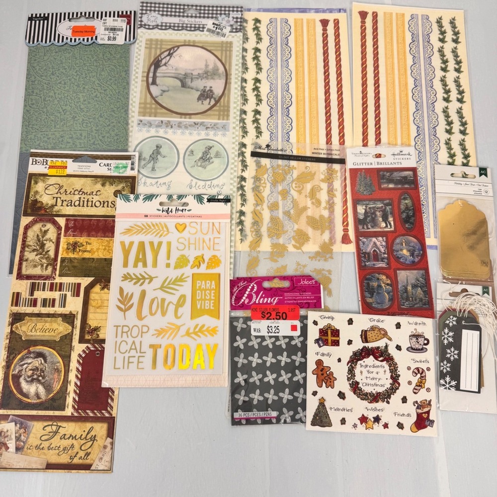 Mixed Scrapbooking Sticker Lot Christmas Winter Gold Foil Tags Craft Supplies